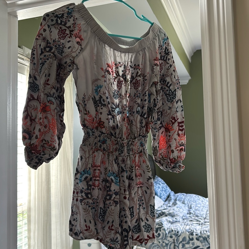 Free People Romper Long Sleeve Backless Shirred Gray Blue Orange Size X Small XS